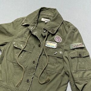 VTG Rip Curl Women Olive Green Utility field Jacket Patches Drawstring Military